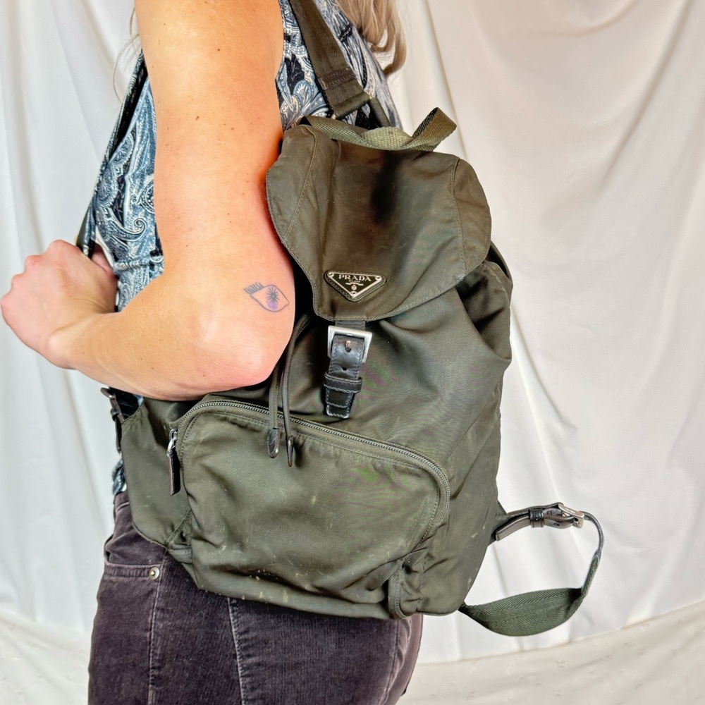 Vintage Y2K dark green Nylon PRADA Backback